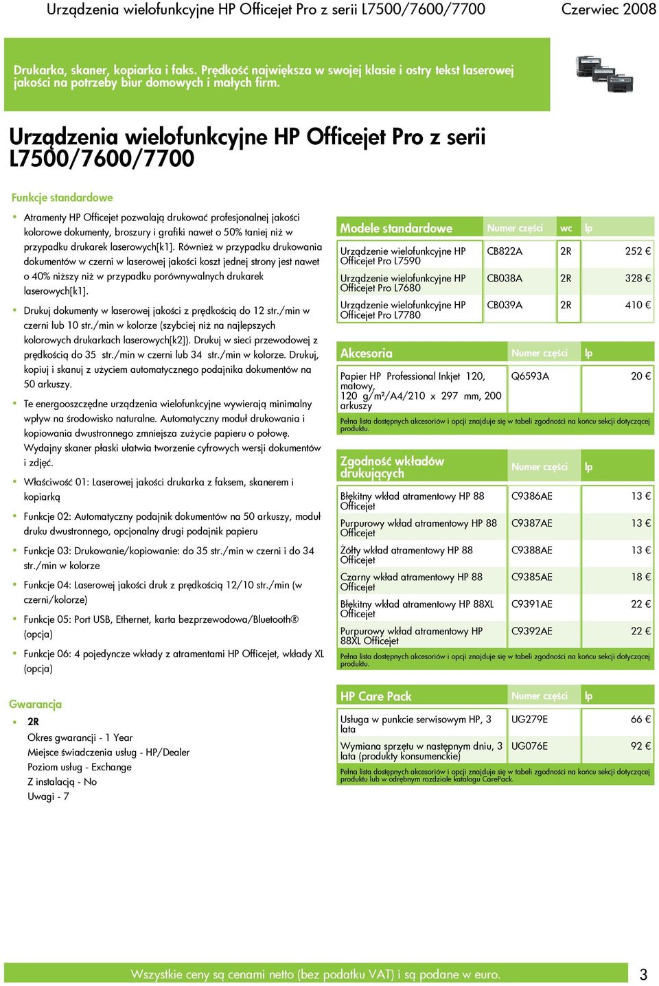Urządzenia wielofunkcyjne HP Officejet Pro z serii L7500/7600/7700 Funkcje standardowe Atramenty HP Officejet pozwalają drukować profesjonalnej jakości kolorowe dokumenty, broszury i grafiki nawet o