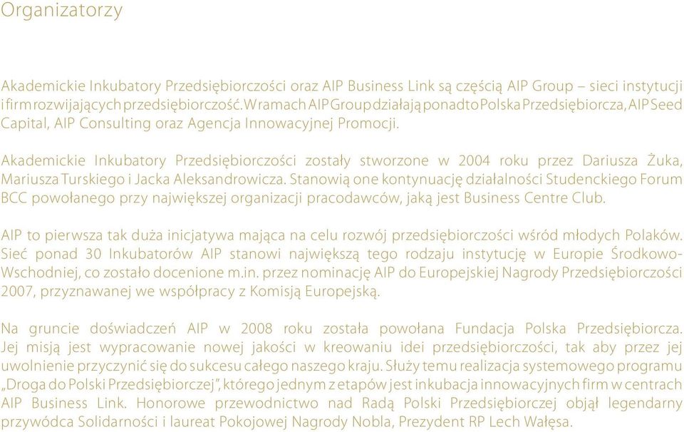 Akademickie Inkubatory Przedsiębiorczości zostały stworzone w 2004 roku przez Dariusza Żuka, Mariusza Turskiego i Jacka Aleksandrowicza.