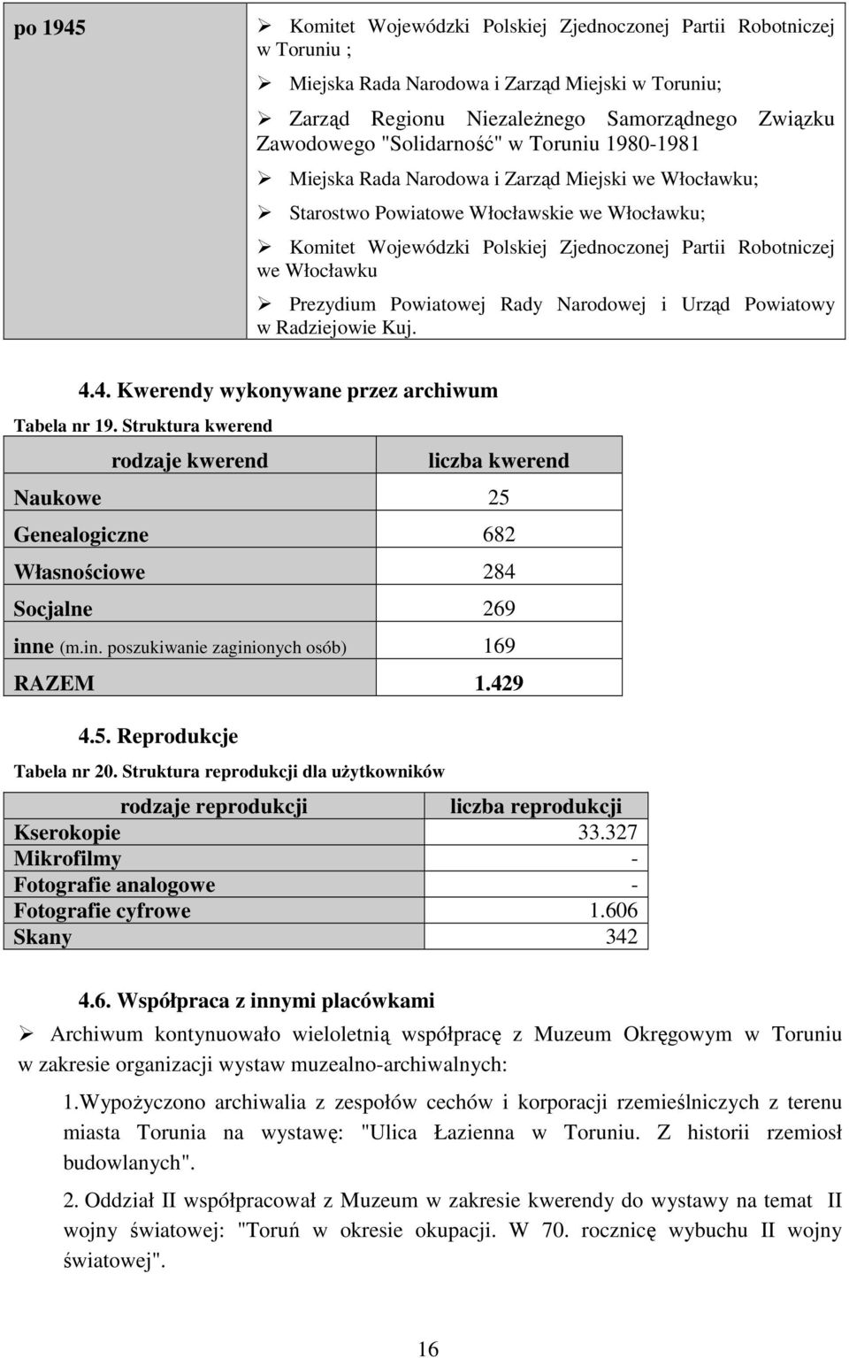 Włocławku Prezydium Powiatowej Rady Narodowej i Urząd Powiatowy w Radziejowie Kuj. 4.4. Kwerendy wykonywane przez archiwum Tabela nr 19.