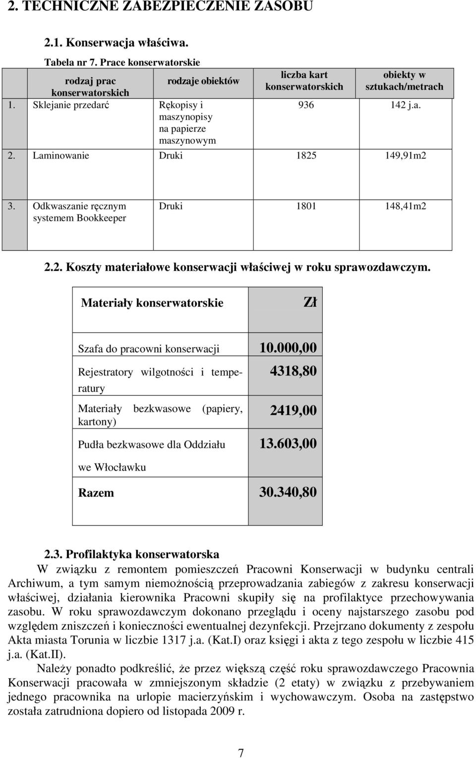 Odkwaszanie ręcznym systemem Bookkeeper Druki 1801 148,41m2 2.2. Koszty materiałowe konserwacji właściwej w roku sprawozdawczym. Materiały konserwatorskie Zł Szafa do pracowni konserwacji 10.