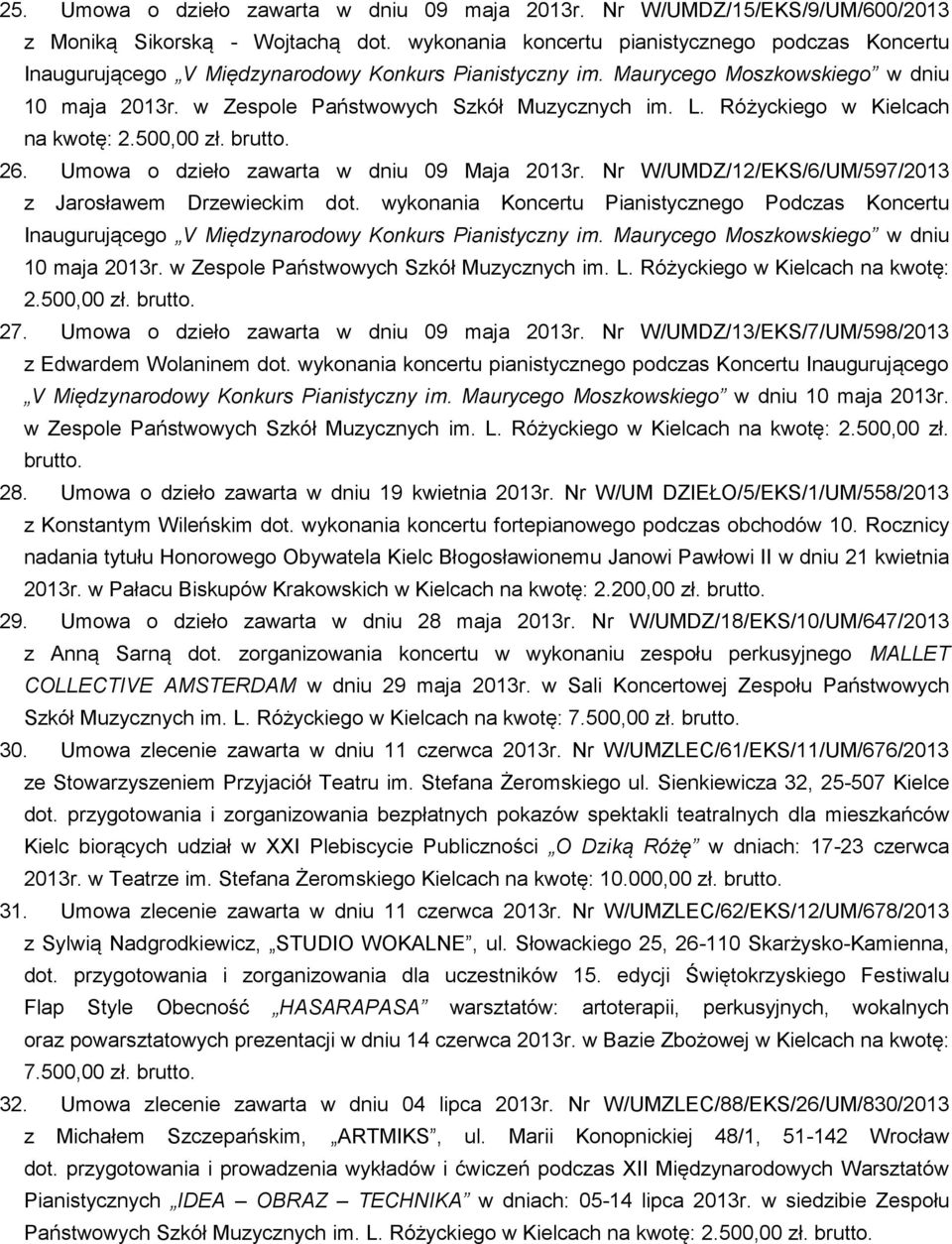 Różyckiego w Kielcach na kwotę: 2.500,00 zł. brutto. 26. Umowa o dzieło zawarta w dniu 09 Maja 2013r. Nr W/UMDZ/12/EKS/6/UM/597/2013 z Jarosławem Drzewieckim dot.