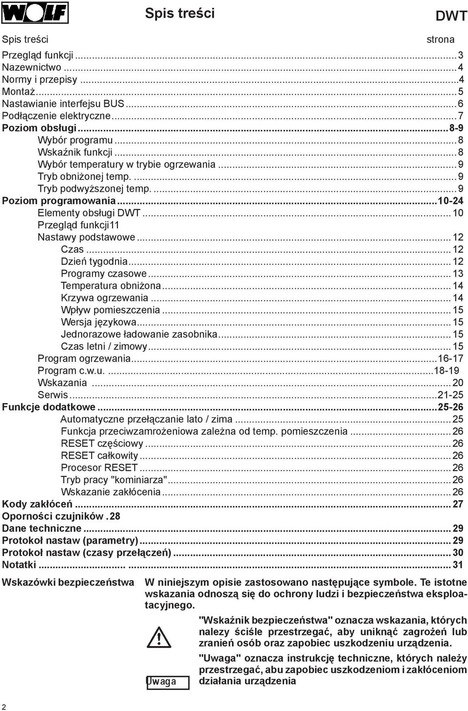 ..10 Przegląd funkcji 11 Nastawy podstawowe...12 Czas...12 Dzień tygodnia...12 Programy czasowe...13 Temperatura obniżona...14 Krzywa ogrzewania...14 Wpływ pomieszczenia...15 Wersja językowa.