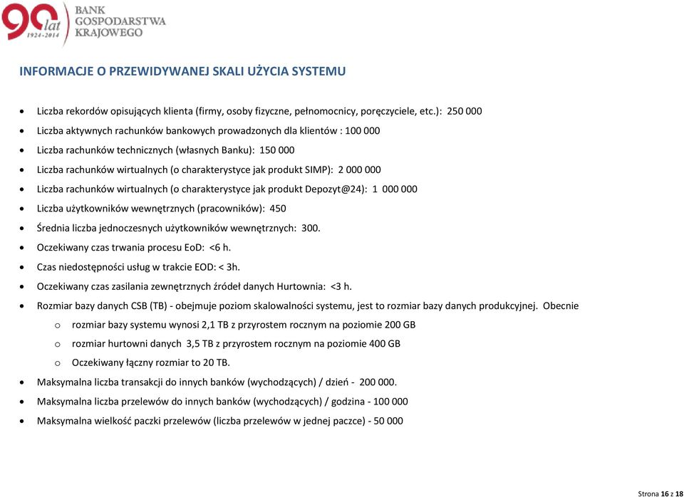 SIMP): 2 000 000 Liczba rachunków wirtualnych ( charakterystyce jak prdukt Depzyt@24): 1 000 000 Liczba użytkwników wewnętrznych (pracwników): 450 Średnia liczba jednczesnych użytkwników