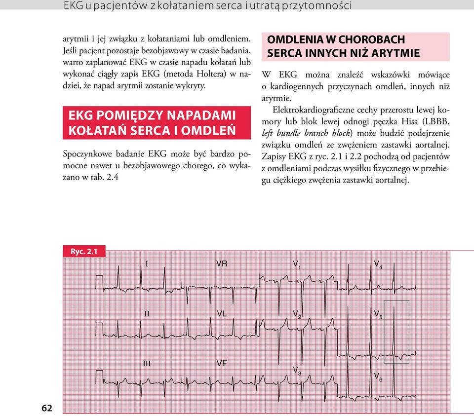 EKG POMIĘDZY NAPADAMI KOŁATAŃ SERCA I OMDLEŃ Spoczynkowe badanie EKG może być bardzo pomocne nawet u bezobjawowego chorego, co wykazano w tab.