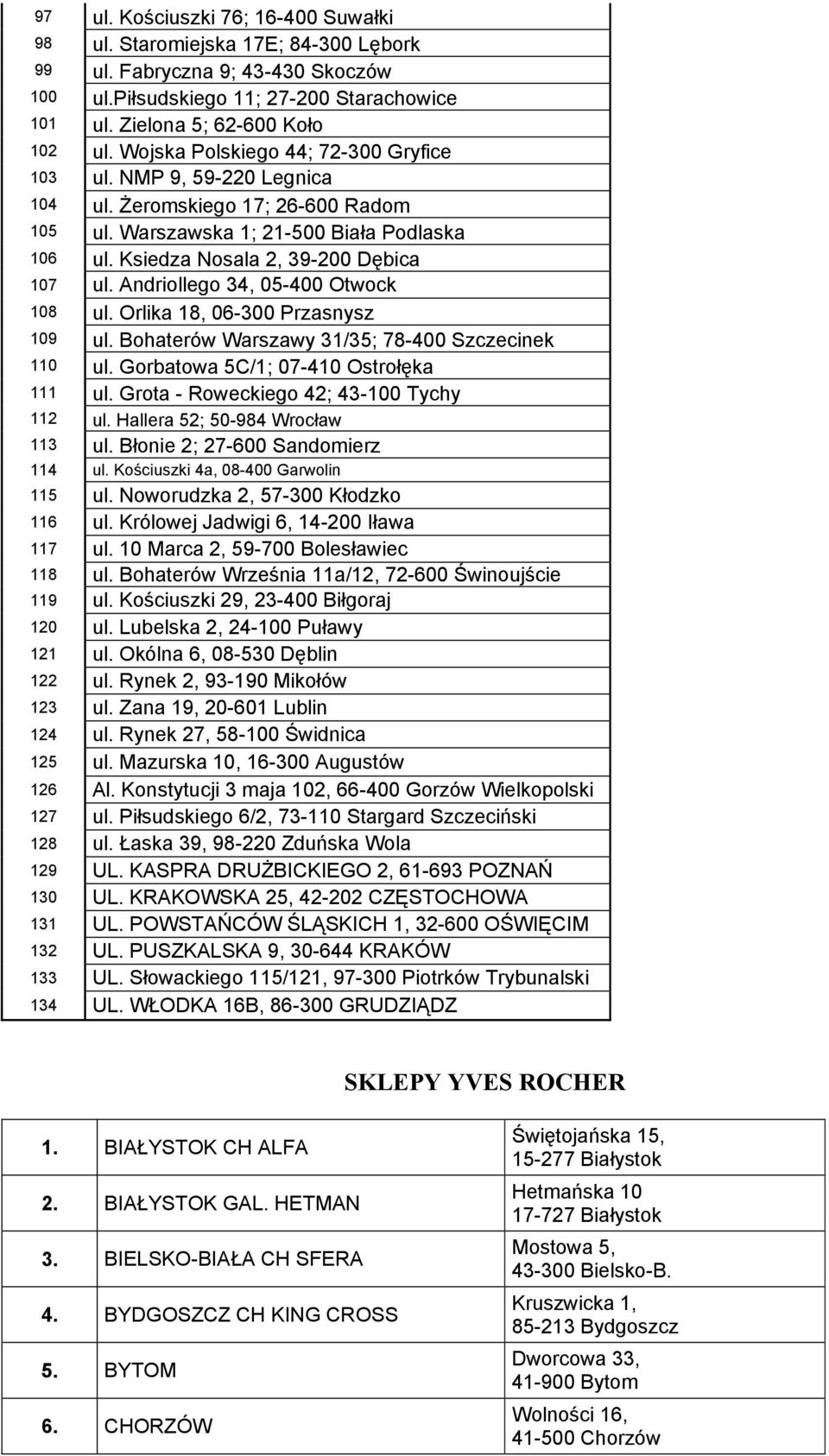 Andriollego 34, 05-400 Otwock 108 ul. Orlika 18, 06-300 Przasnysz 109 ul. Bohaterów Warszawy 31/35; 78-400 Szczecinek 110 ul. Gorbatowa 5C/1; 07-410 Ostrołęka 111 ul.