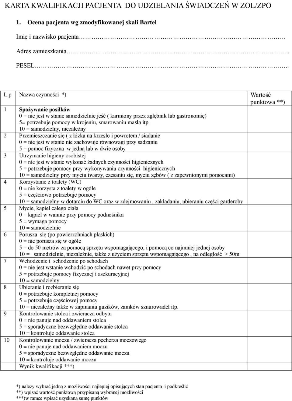 itp. 10 = samodzielny, niezależny 2 Przemieszczanie się ( z łóżka na krzesło i powrotem / siadanie 0 = nie jest w stanie nie zachowuje równowagi przy sadzaniu 5 = pomoc fizyczna w jedną lub w dwie