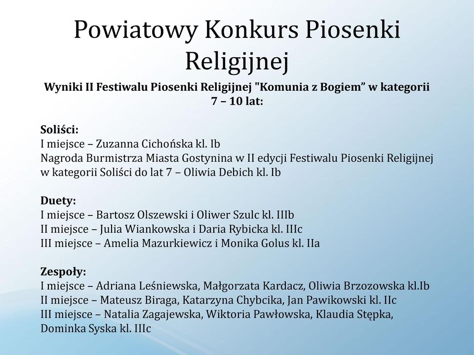 Ib Duety: I miejsce Bartosz Olszewski i Oliwer Szulc kl. IIIb II miejsce Julia Wiankowska i Daria Rybicka kl. IIIc III miejsce Amelia Mazurkiewicz i Monika Golus kl.