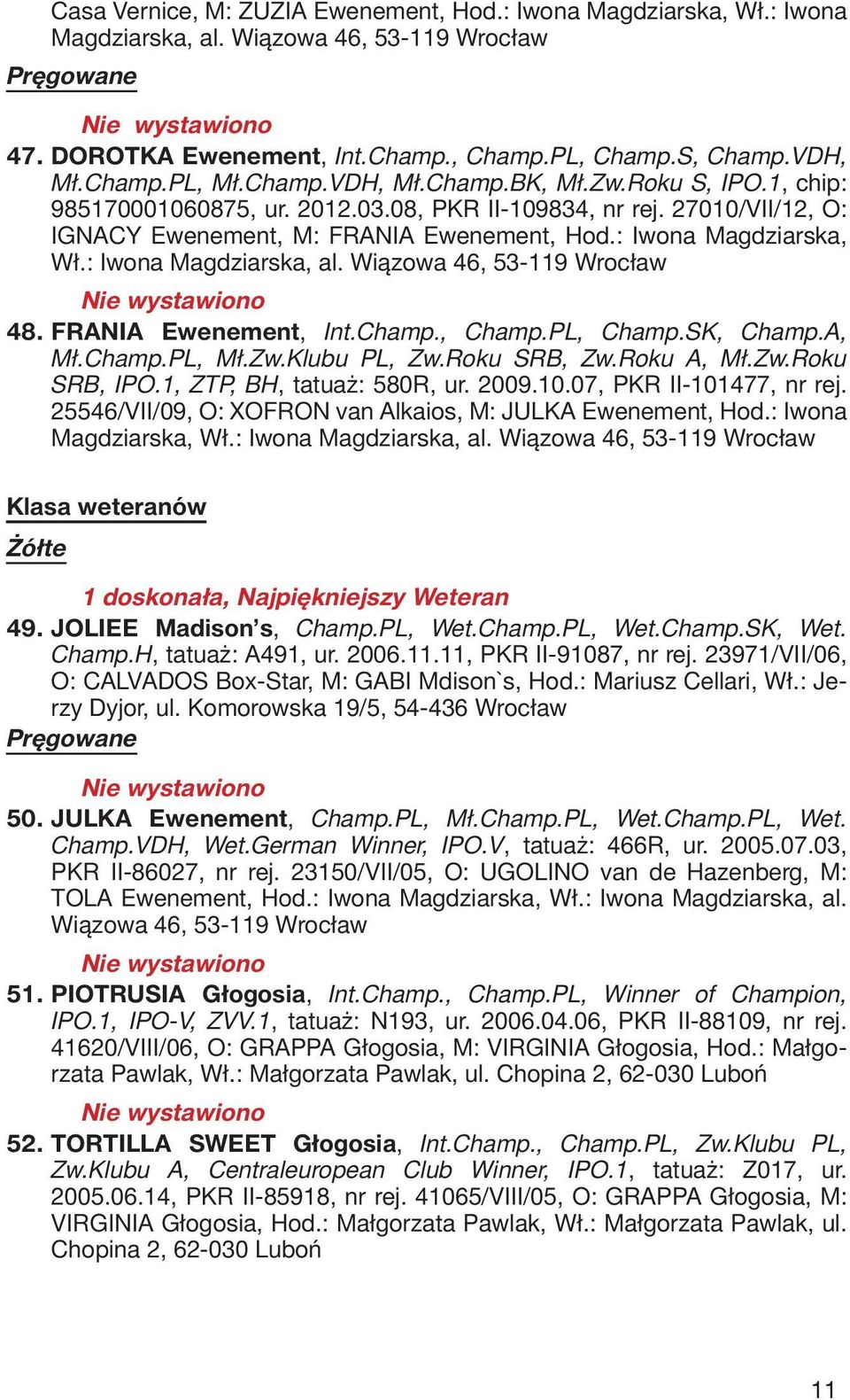 : Iwona Magdziarska, al. Wiązowa 46, 53-119 Wrocław 48. FRANIA Ewenement, Int.Champ., Champ.PL, Champ.SK, Champ.A, Mł.Champ.PL, Mł.Zw.Klubu PL, Zw.Roku SRB, Zw.Roku A, Mł.Zw.Roku SRB, IPO.