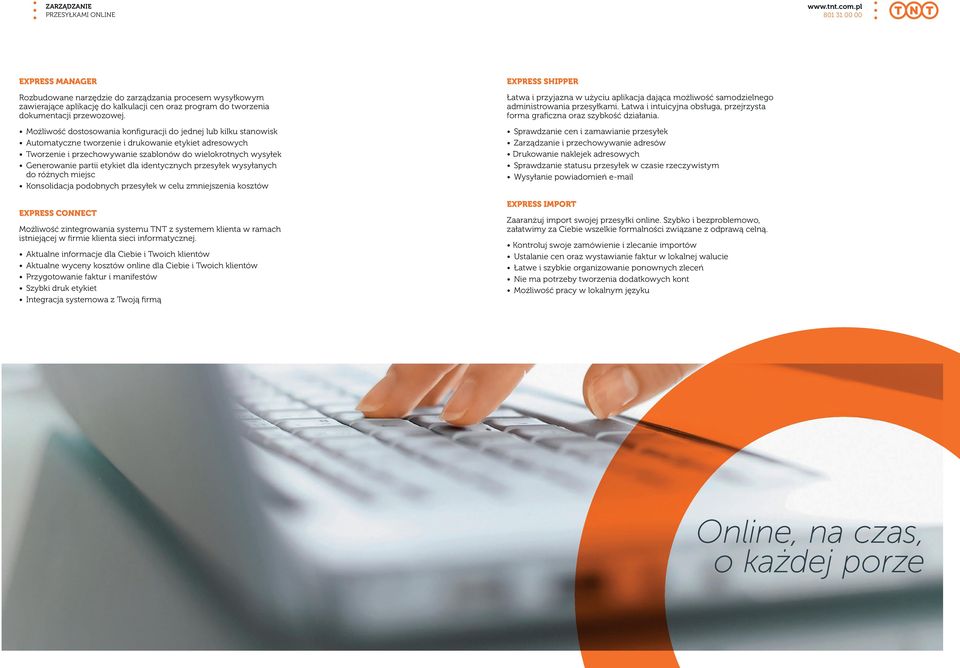 partii etykiet dla identycznych przesyłek wysyłanych do różnych miejsc Konsolidacja podobnych przesyłek w celu zmniejszenia kosztów EXPRESS CONNECT Możliwość zintegrowania systemu TNT z systemem