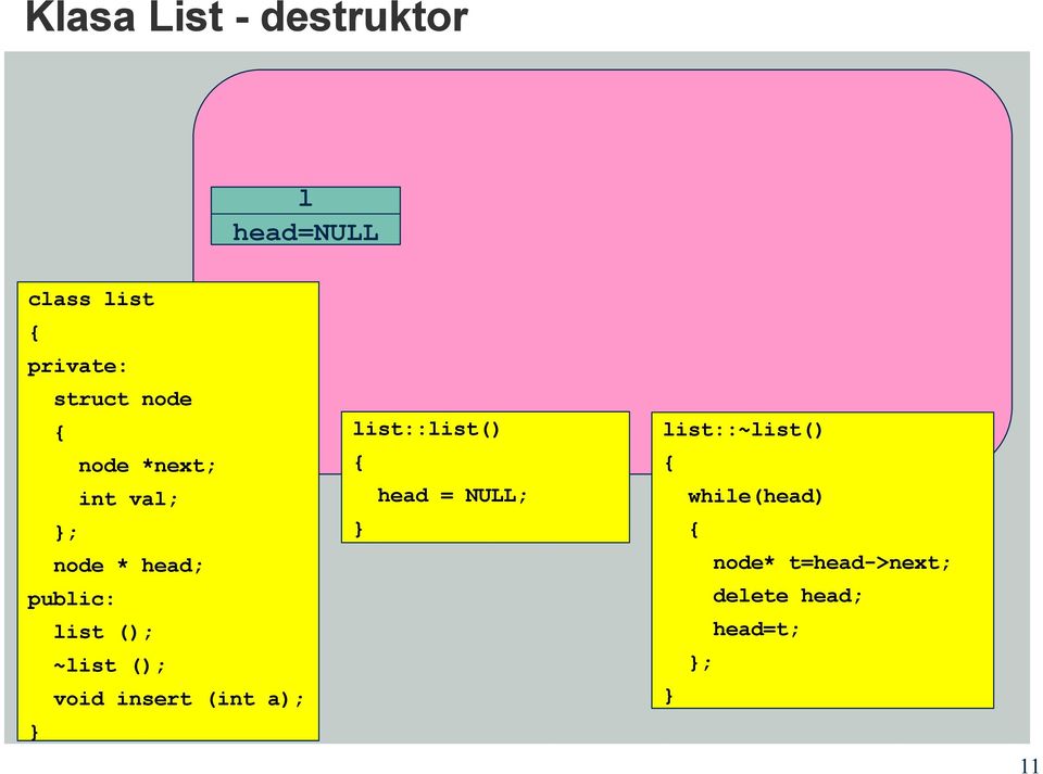 head; public: list (); ~list (); void insert (int a);