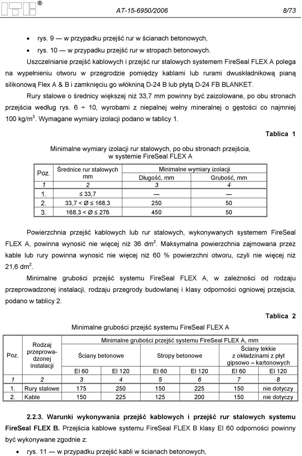 zamknięciu go włókniną D-24 B lub płytą D-24 FB BLANKET. Rury stalowe o średnicy większej niż 33,7 mm powinny być zaizolowane, po obu stronach przejścia według rys.