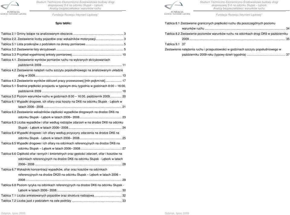 .. 11 Tablica 4.2 Zestawienie natężeń ruchu szczytu popołudniowego na analizowanym układzie dróg w 2009... 13 Tablica 4.3 Zestawienie wyników obliczeń pracy przewozowej [mln pojkm/rok]... 17 Tablica 5.