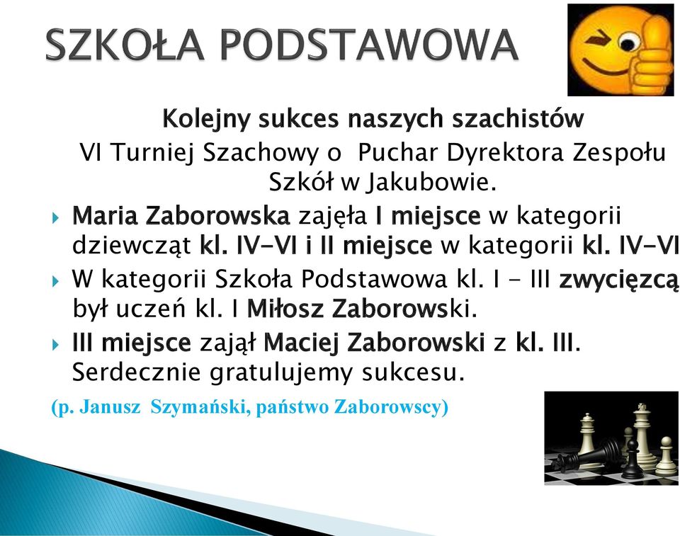 IV-VI W kategorii Szkoła Podstawowa kl. I - III zwycięzcą był uczeń kl. I Miłosz Zaborowski.