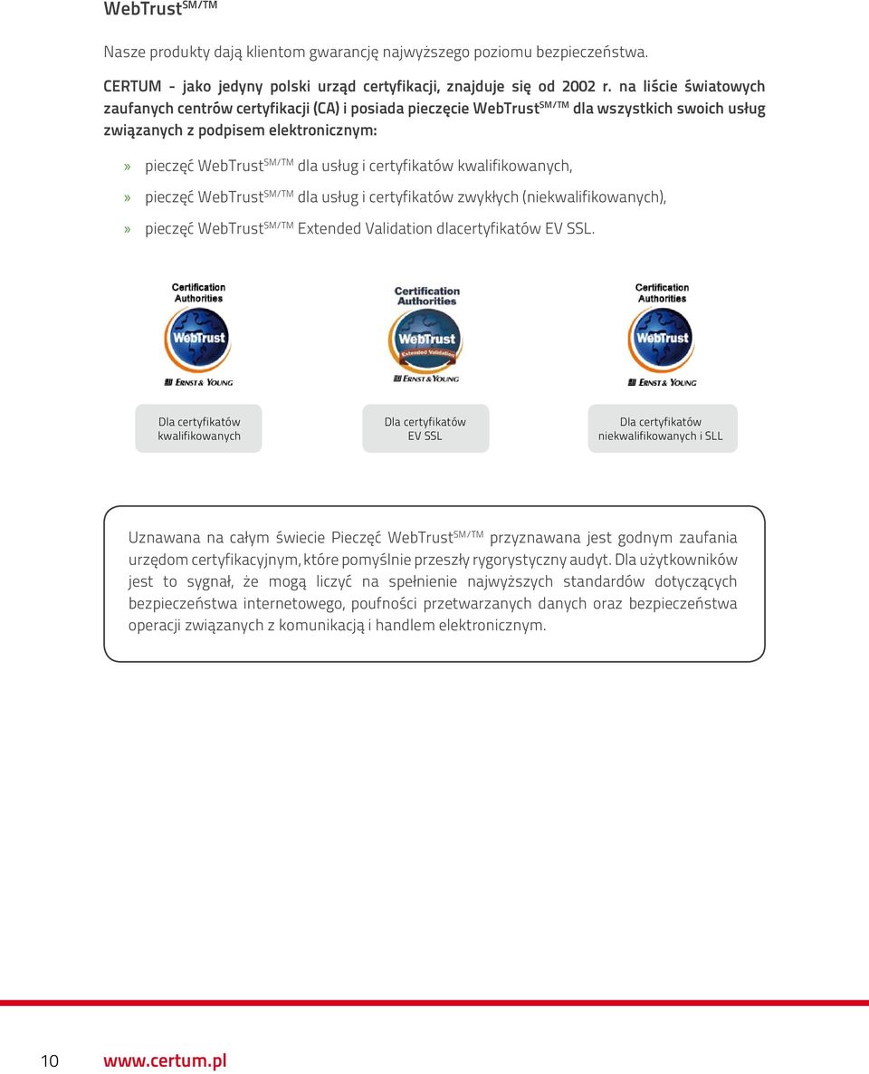certyfikatów kwalifikowanych, pieczęć WebTrust SM/TM dla usług i certyfikatów zwykłych (niekwalifikowanych), pieczęć WebTrust SM/TM Extended Validation dlacertyfikatów EV SSL.