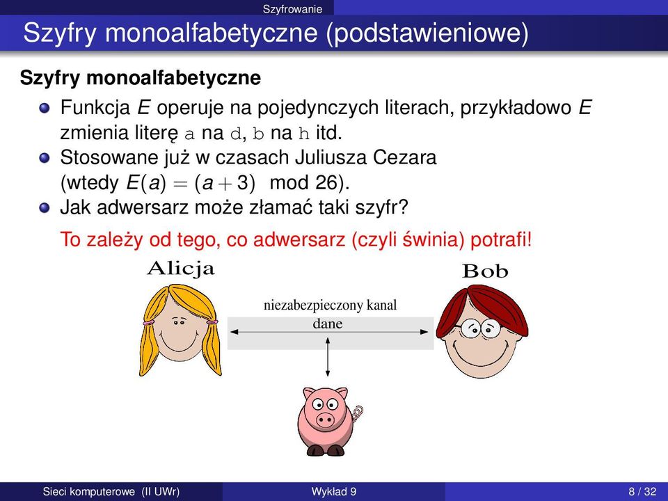 Stosowane już w czasach Juliusza Cezara (wtedy E(a) = (a + 3) mod 26).