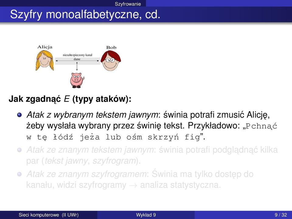 Alicję, żeby wysłała wybrany przez świnię tekst. Przykładowo: Pchnąć w tę łódź jeża lub ośm skrzyń fig.