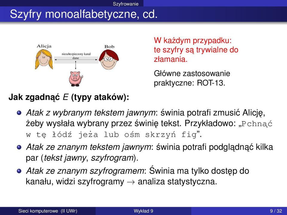 Główne zastosowanie praktyczne: ROT-13. Atak z wybranym tekstem jawnym: świnia potrafi zmusić Alicję, żeby wysłała wybrany przez świnię tekst.