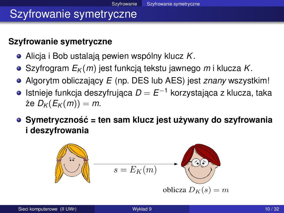 DES lub AES) jest znany wszystkim! Istnieje funkcja deszyfrujaca D = E 1 korzystajaca z klucza, taka że D K (E K (m)) = m.