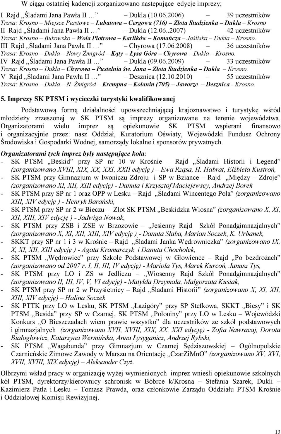 III Rajd Śladami Jana Pawła II Chyrowa (17.06.2008) 36 uczestników Trasa: Krosno Dukla Nowy Żmigród Kąty Łysa Góra Chyrowa Dukla Krosno. IV Rajd Śladami Jana Pawła II Dukla (09.06.2009) 33 uczestników Trasa: Krosno Dukla Chyrowa Pustelnia św.