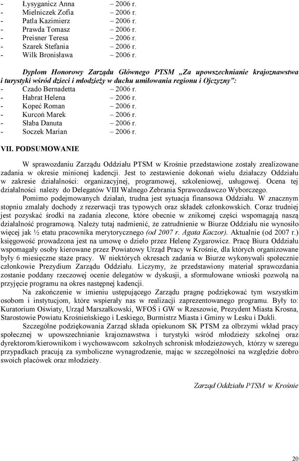 - Kopeć Roman 2006 r. - Kurcoń Marek 2006 r. - Słaba Danuta 2006 r. - Soczek Marian 2006 r. VII.
