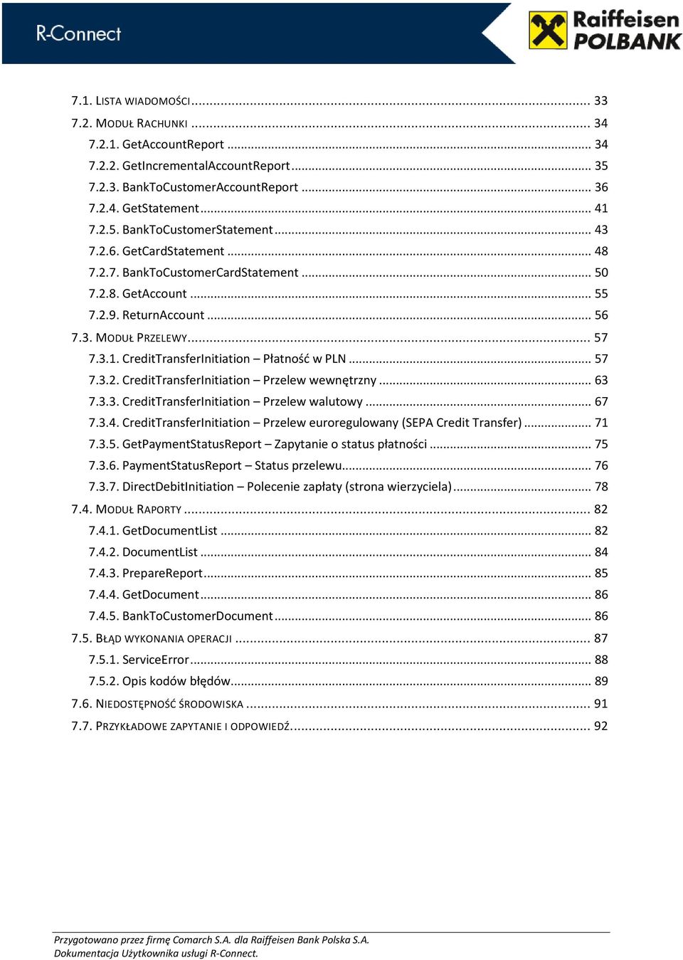 .. 57 7.3.2. CreditTransferInitiation Przelew wewnętrzny... 63 7.3.3. CreditTransferInitiation Przelew walutowy... 67 7.3.4. CreditTransferInitiation Przelew euroregulowany (SEPA Credit Transfer).