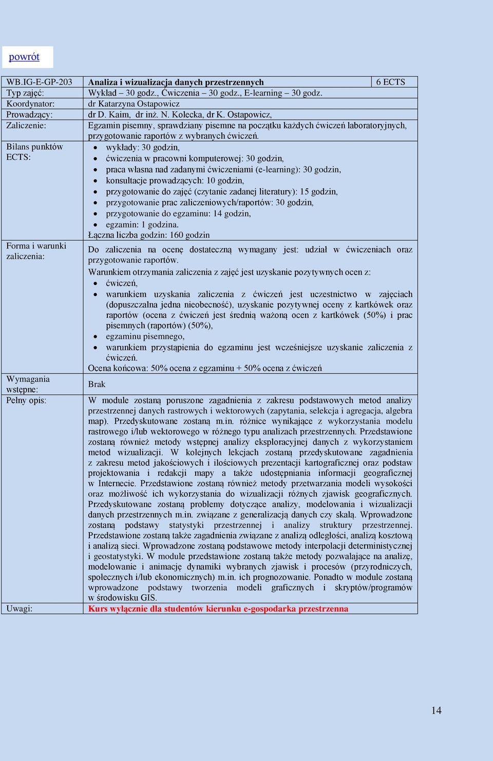 wykłady: 30 godzin, ćwiczenia w pracowni komputerowej: 30 godzin, praca własna nad zadanymi ćwiczeniami (e-learning): 30 godzin, konsultacje prowadzących: 10 godzin, przygotowanie do zajęć (czytanie