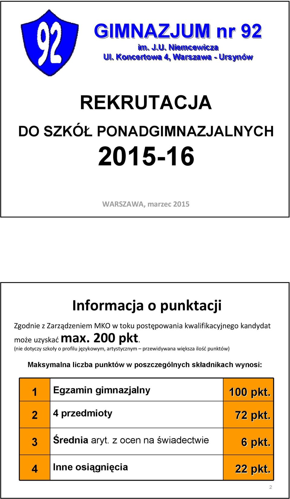 Zarządzeniem MKO w toku postępowania kwalifikacyjnego kandydat może uzyskać max. 200 pkt.