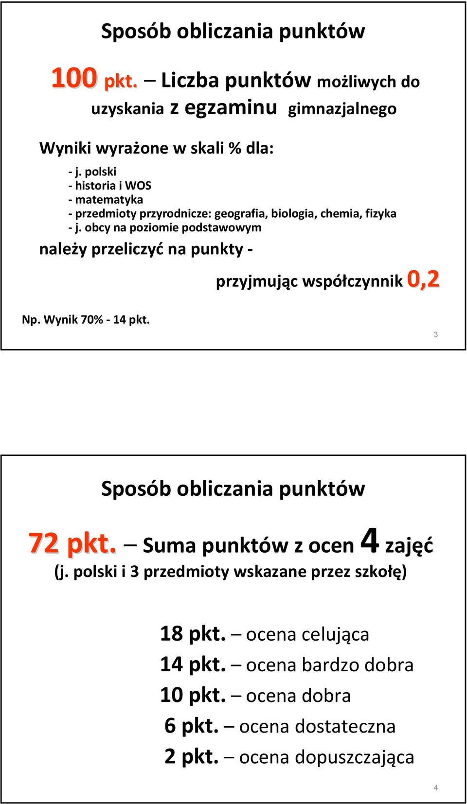obcy na poziomie podstawowym należy przeliczyć na punkty przyjmując współczynnik 0,2 Np. Wynik 70% 14 pkt. 3 Sposób obliczania punktów 72 pkt.