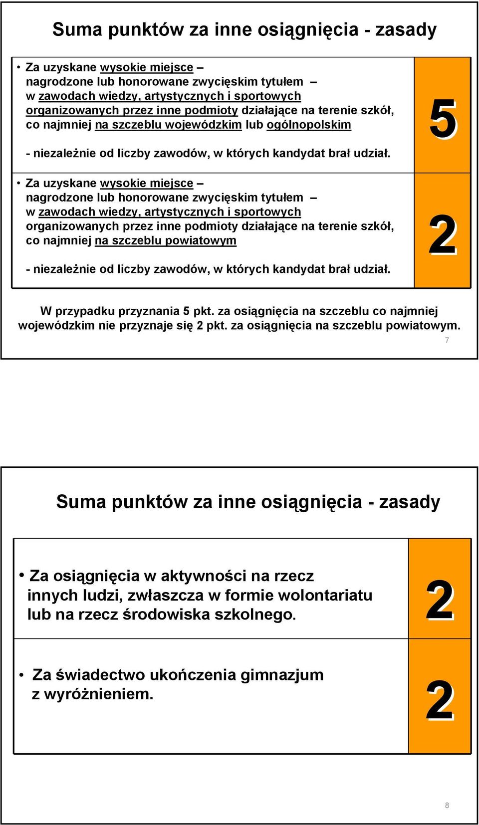 5 Za uzyskane wysokie miejsce nagrodzone lub honorowane zwycięskim tytułem w zawodach wiedzy, artystycznych i sportowych organizowanych przez inne podmioty działające na terenie szkół, co najmniej na
