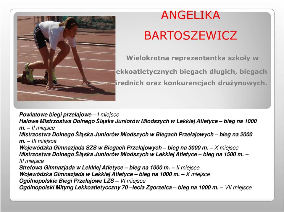 II miejsce Mistrzostwa Dolnego Śląska Juniorów Mlodszych w Biegach Przełajowych bieg na 2000 m. III miejsce Wojewódzka Gimnazjada SZS w Biegach Przełajowych bieg na 3000 m.