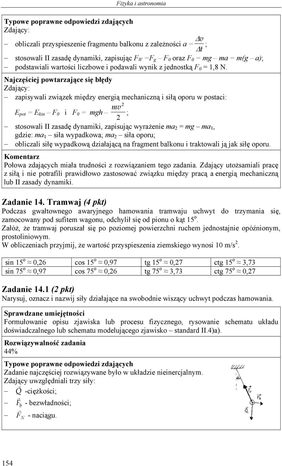 zapisywali związek między energią mechaniczną i siłą oporu w postaci: 2 mv E pot = E kin F 0 i F 0 = mgh ; 2 stosowali II zasadę dynamiki, zapisując wyrażenie ma 2 = mg ma 1, gdzie: ma 1 siła