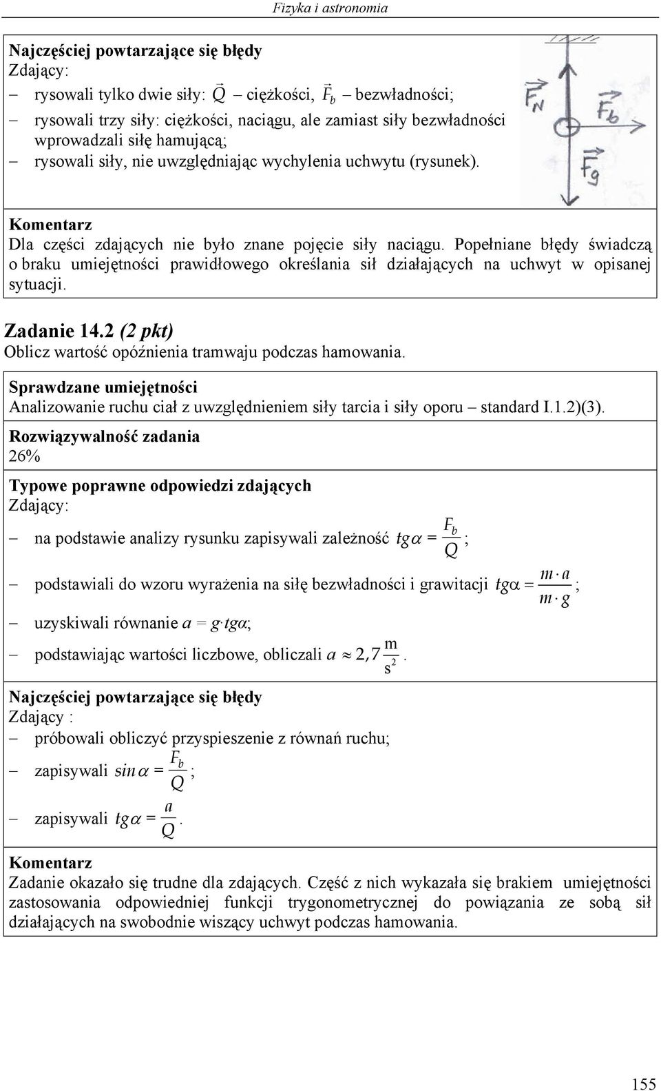 Zadanie 14.2 (2 pkt) Oblicz wartość opóźnienia tramwaju podczas hamowania. Analizowanie ruchu ciał z uwzględnieniem siły tarcia i siły oporu standard I.1.2)(3).