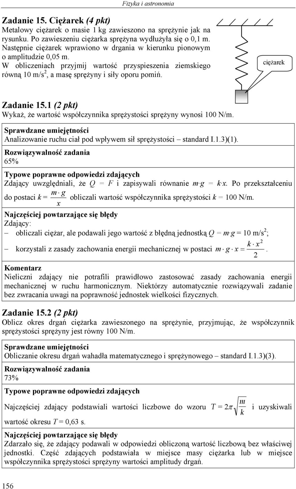 ciężarek Zadanie 15.1 (2 pkt) Wykaż, że wartość współczynnika sprężystości sprężyny wynosi 100 N/m. Analizowanie ruchu ciał pod wpływem sił sprężystości standard I.1.3)(1).