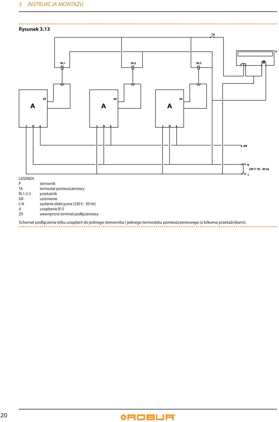 L-N zasilanie elektryczne (230 V - 50 Hz) urządzenie B15 Z9 wewnętrzne terminal