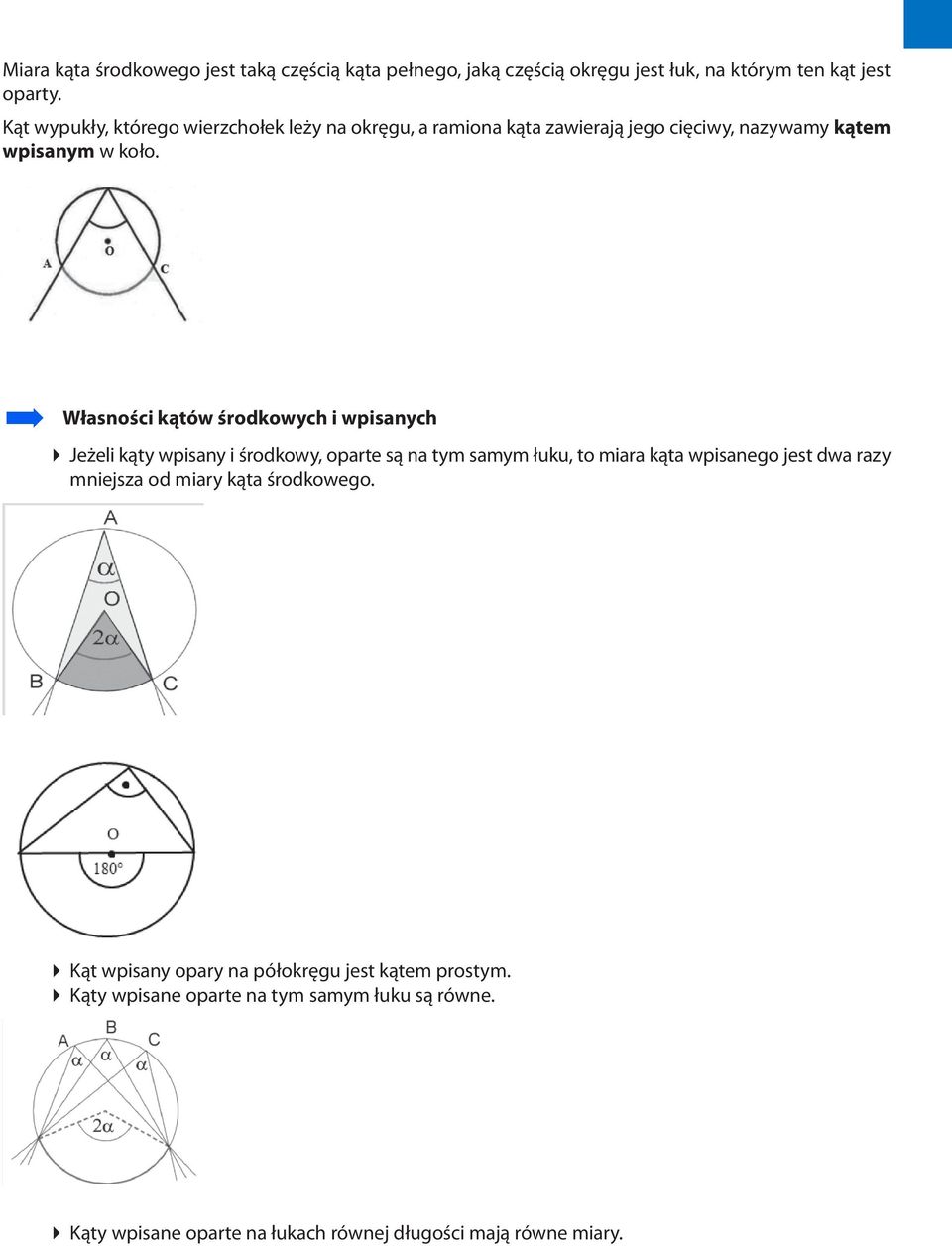 Własności kątów środkowych i wpisanych Jeżeli kąty wpisany i środkowy, oparte są na tym samym łuku, to miara kąta wpisanego jest dwa razy
