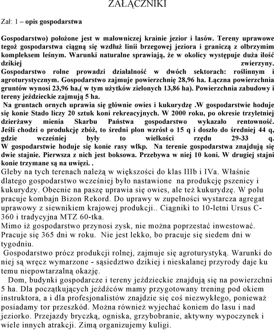 Gospodarstwo rolne prowadzi działalność w dwóch sektorach: roślinnym i agroturystycznym. Gospodarstwo zajmuje powierzchnię 28,96 ha.