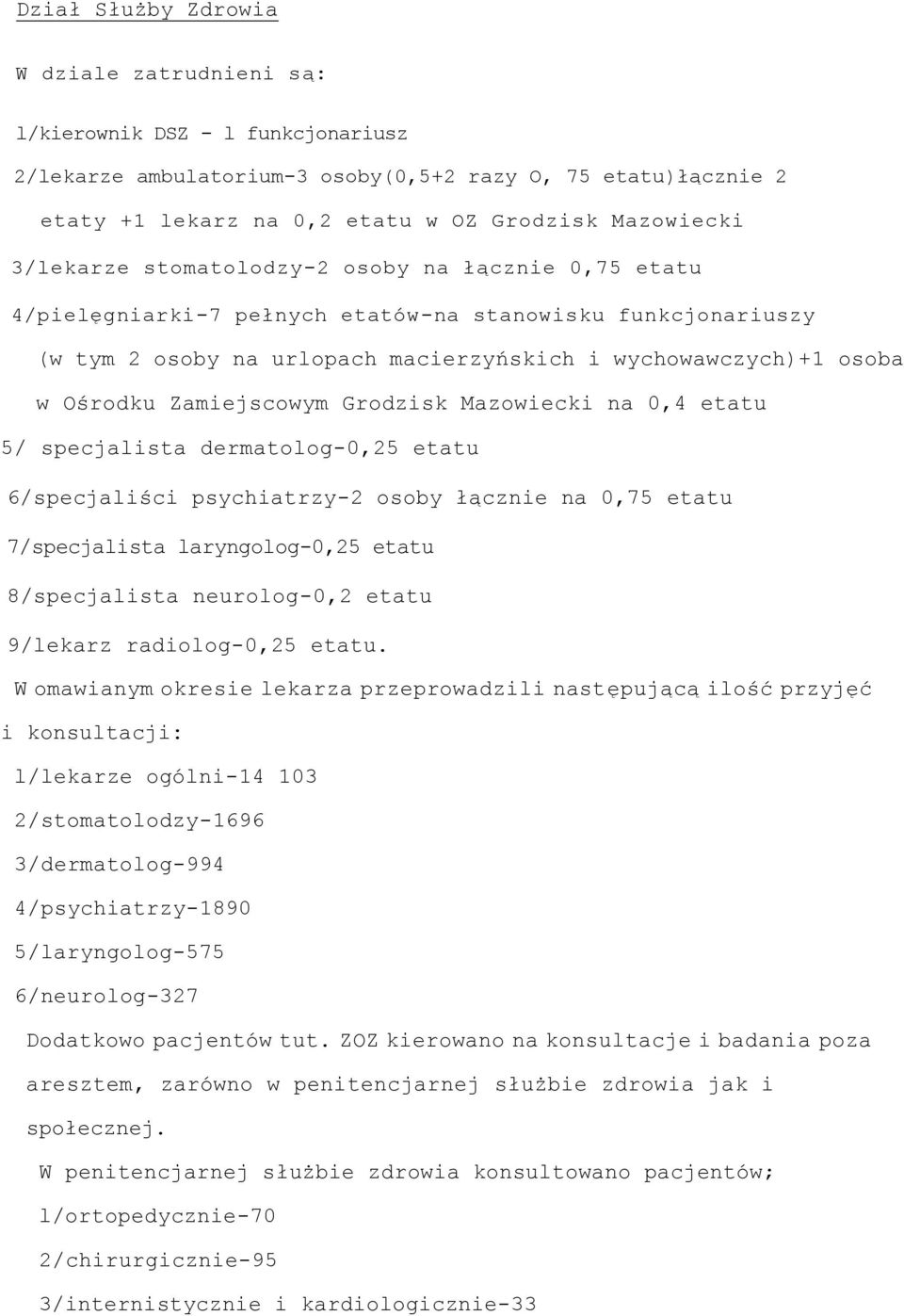 Zamiejscowym Grodzisk Mazowiecki na 0,4 etatu 5/ specjalista dermatolog-0,25 etatu 6/specjaliści psychiatrzy-2 osoby łącznie na 0,75 etatu 7/specjalista laryngolog-0,25 etatu 8/specjalista
