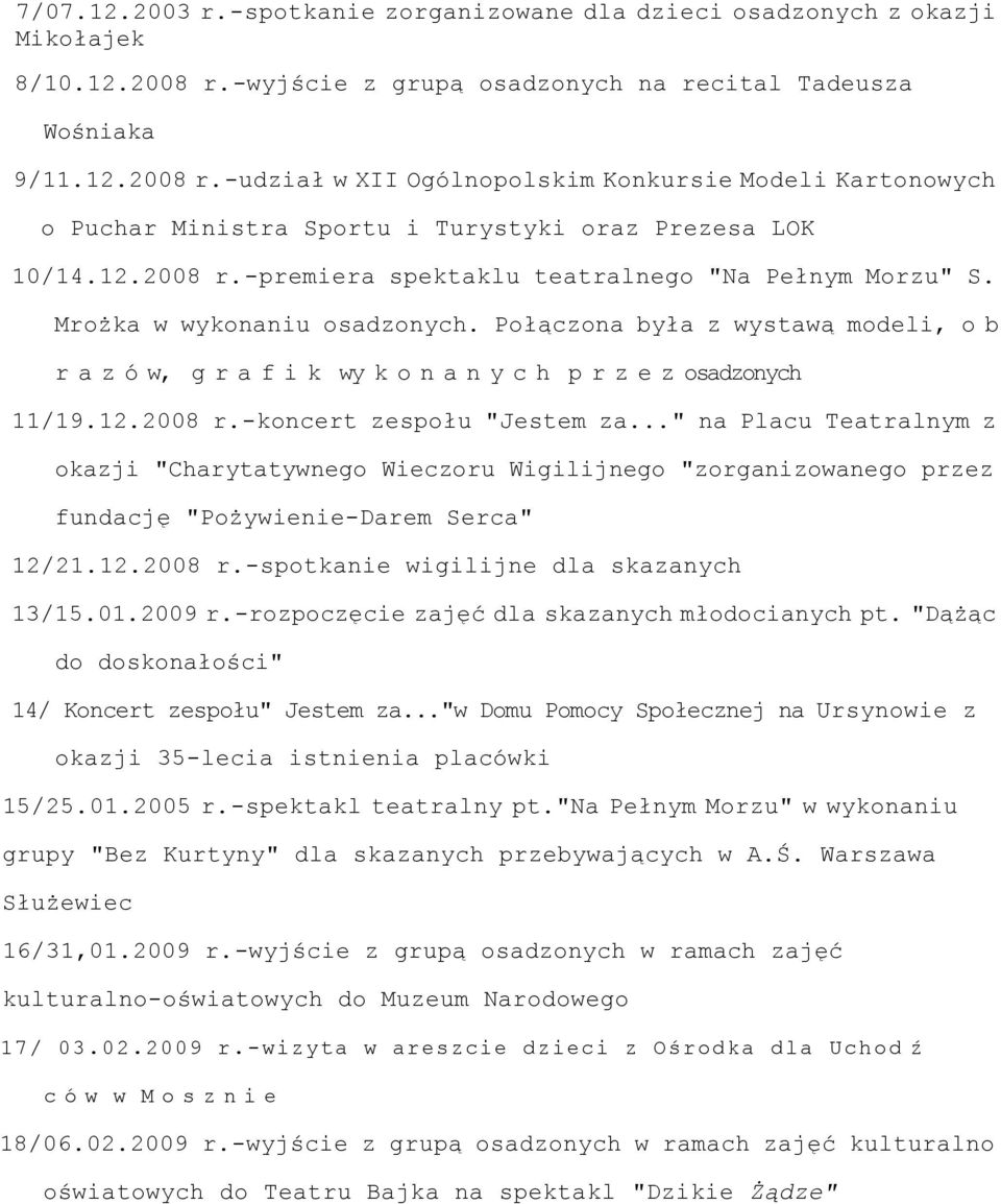 Mrożka w wykonaniu osadzonych. Połączona była z wystawą modeli, o b r a z ó w, g r a f i k wy k o n a n y c h p r z e z osadzonych 11/19.12.2008 r.-koncert zespołu "Jestem za.