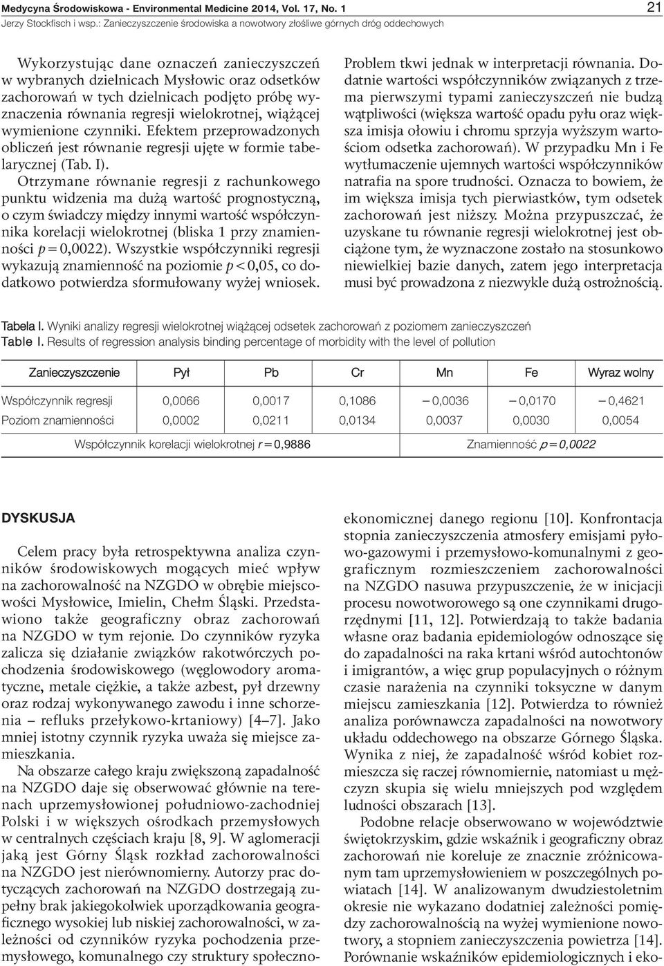 wymienione czynniki. Efektem przeprowadzonych obliczeń jest równanie regresji ujęte w formie tabelarycznej (Tab. I).