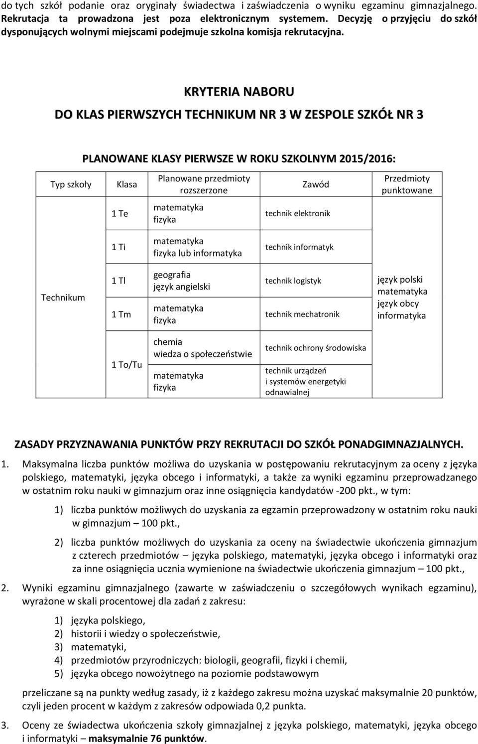 KRYTERIA NABORU DO KLAS PIERWSZYCH TECHNIKUM NR 3 W ZESPOLE SZKÓŁ NR 3 PLANOWANE KLASY PIERWSZE W ROKU SZKOLNYM 2015/2016: Typ szkoły Klasa Planowane przedmioty rozszerzone Zawód Przedmioty