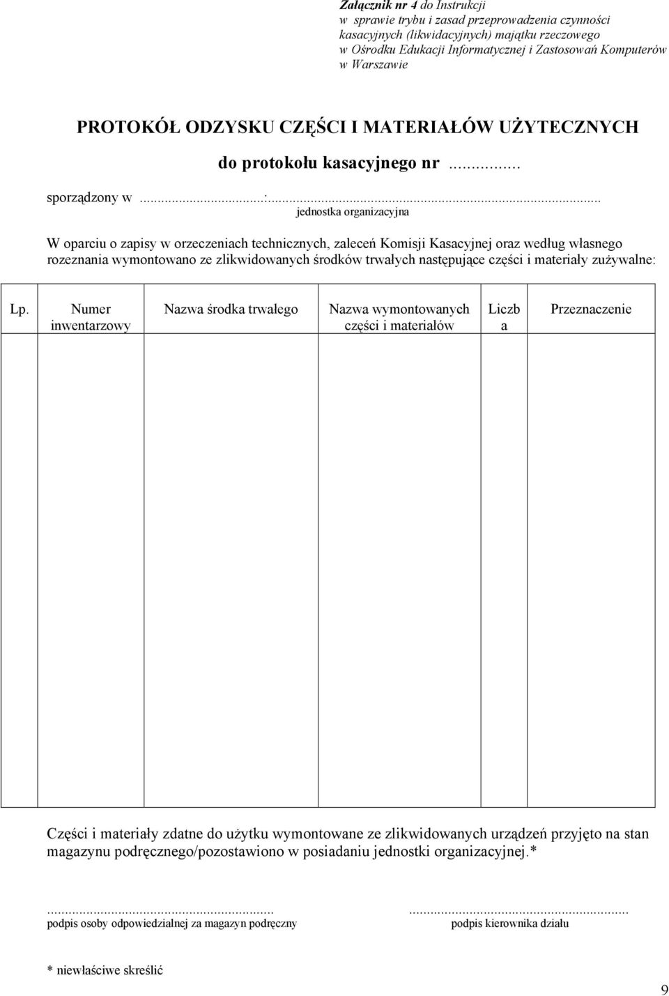 .. jednostka organizacyjna W oparciu o zapisy w orzeczeniach technicznych, zaleceń Komisji Kasacyjnej oraz według własnego rozeznania wymontowano ze zlikwidowanych środków trwałych następujące części