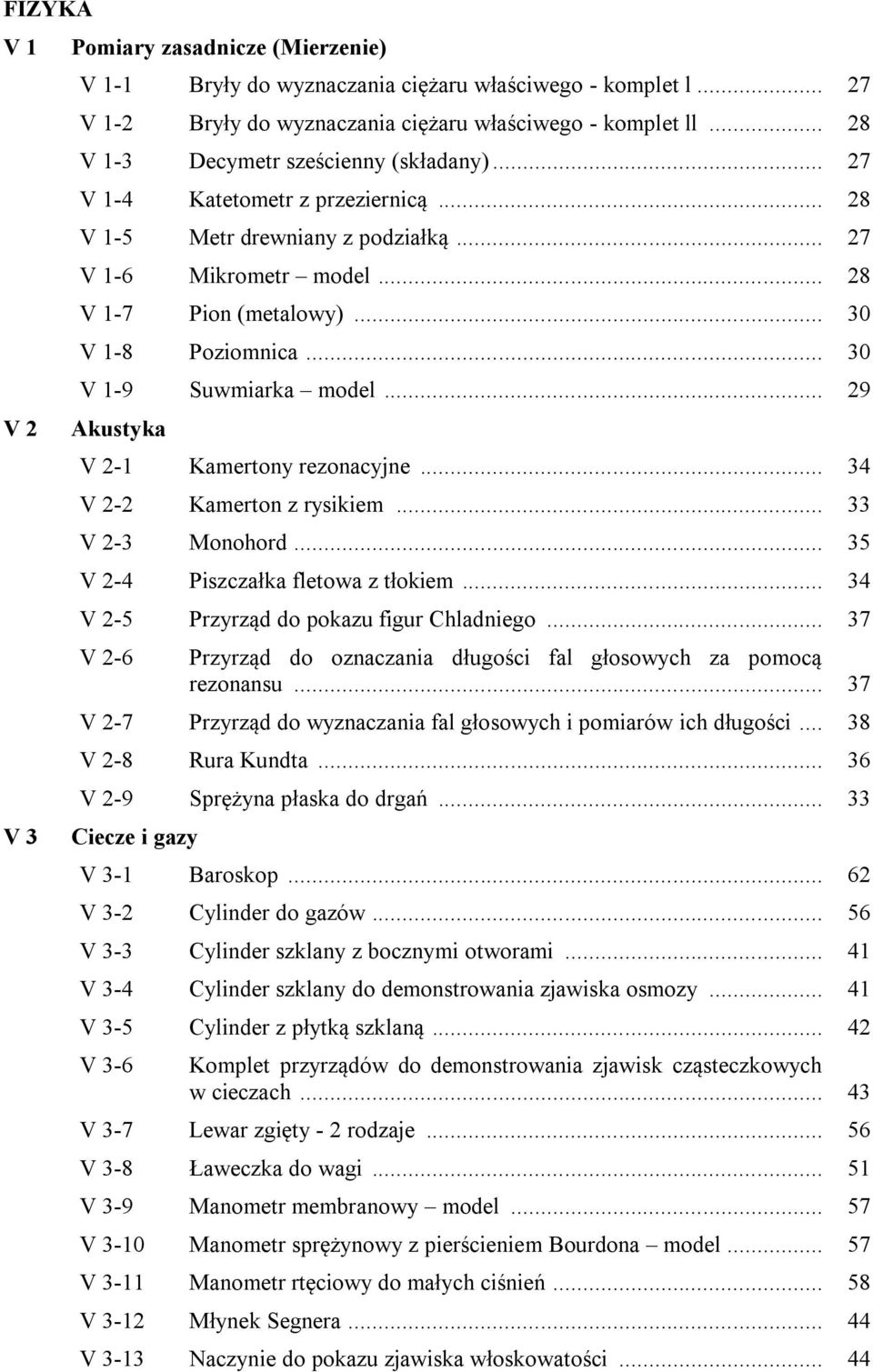 .. 30 V 1-9 Suwmiarka model... 29 Akustyka V 2-1 Kamertony rezonacyjne... 34 V 2-2 Kamerton z rysikiem... 33 V 2-3 Monohord... 35 V 2-4 Piszczałka fletowa z tłokiem.