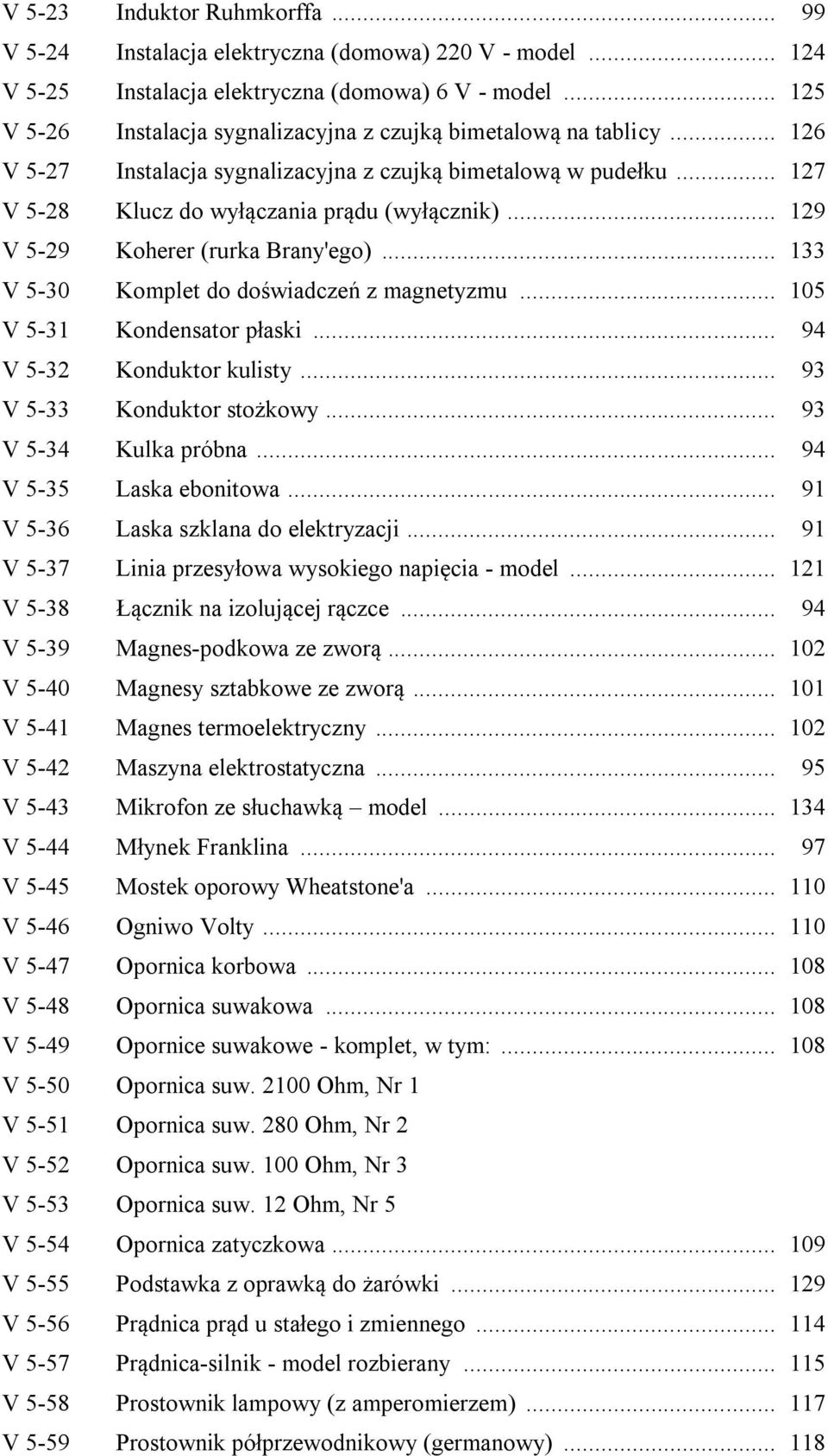 .. 129 V 5-29 Koherer (rurka Brany'ego)... 133 V 5-30 Komplet do doświadczeń z magnetyzmu... 105 V 5-31 Kondensator płaski... 94 V 5-32 Konduktor kulisty... 93 V 5-33 Konduktor stożkowy.