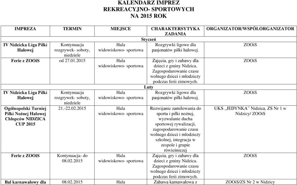 2015 - do 08.02.2015 KALENDARZ IMPREZ REKREACYJNO- SPORTOWYCH NA 2015 ROK Zajęcia, gry i zabawy dla dzieci z gminy Nidzica. Zagospodarowanie czasu podczas ferii zimowych.