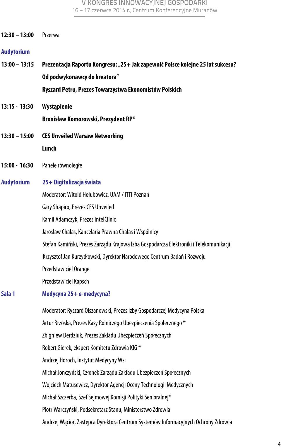 15:00-16:30 Panele równoległe Sala 1 25+ Digitalizacja świata Moderator: Witold Hołubowicz, UAM / ITTI Poznań Gary Shapiro, Prezes CES Unveiled Kamil Adamczyk, Prezes IntelClinic Jarosław Chałas,