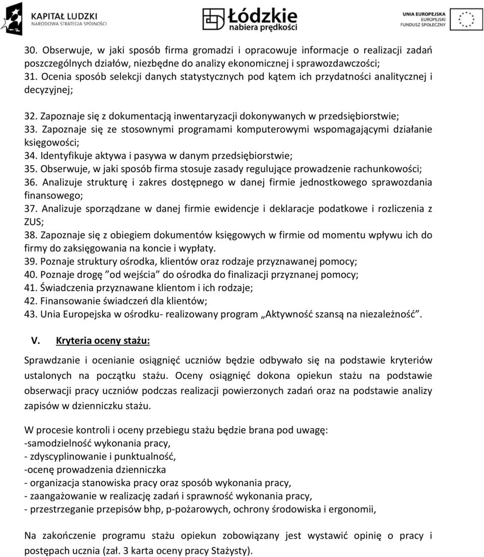 Zapoznaje się ze stosownymi programami komputerowymi wspomagającymi działanie księgowości; 34. Identyfikuje aktywa i pasywa w danym przedsiębiorstwie; 35.