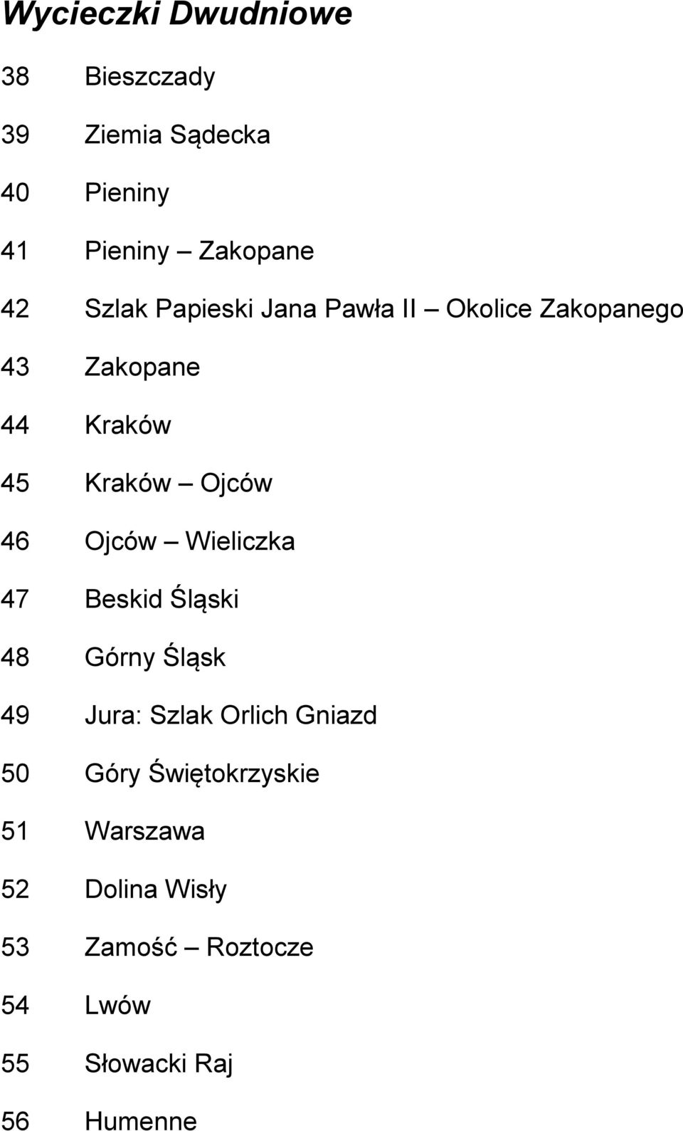 Ojców Wieliczka 47 Beskid Śląski 48 Górny Śląsk 49 Jura: Szlak Orlich Gniazd 50 Góry