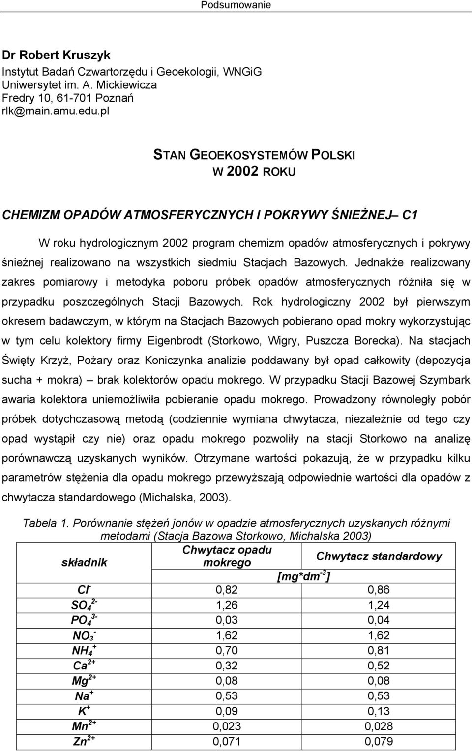 wszystkich siedmiu Stacjach Bazowych. Jednakże realizowany zakres pomiarowy i metodyka poboru próbek opadów atmosferycznych różniła się w przypadku poszczególnych Stacji Bazowych.
