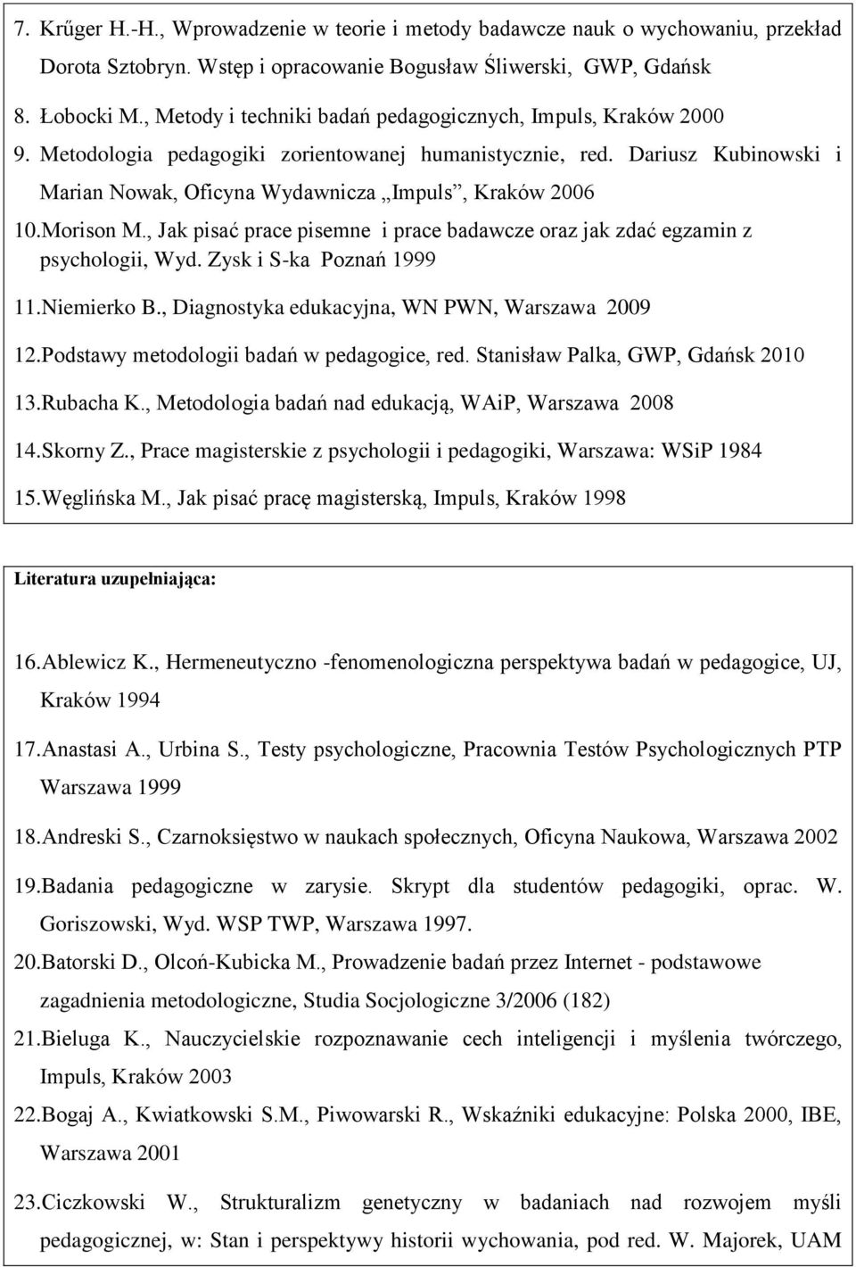 Morison M., Jak pisać prace pisemne i prace badawcze oraz jak zdać egzamin z psychologii, Wyd. Zysk i S-ka Poznań 1999 11.Niemierko B., Diagnostyka edukacyjna, WN PWN, Warszawa 2009 12.
