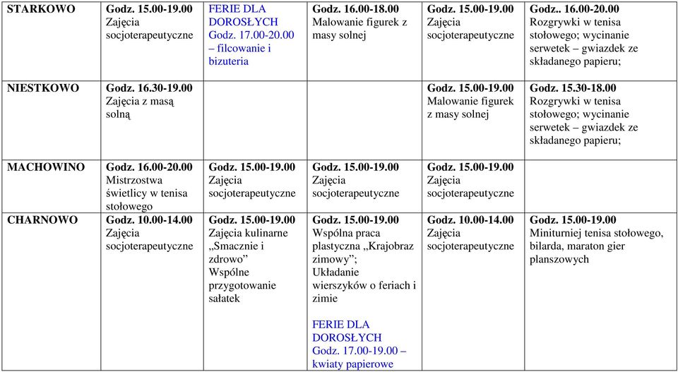 00 Rozgrywki w tenisa stołowego; wycinanie serwetek gwiazdek ze składanego papieru; MACHOWINO Mistrzostwa świetlicy w tenisa stołowego CHARNOWO Godz. 10.00-14.